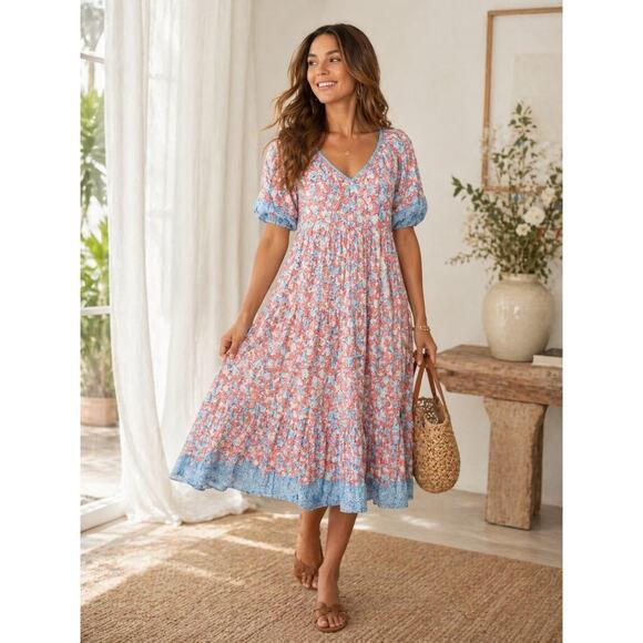 Poupette St. Barth Dresses & Skirts - Poupette St Barth Floral Boho Midi Dress Blue Orange Print Size XS Romantic